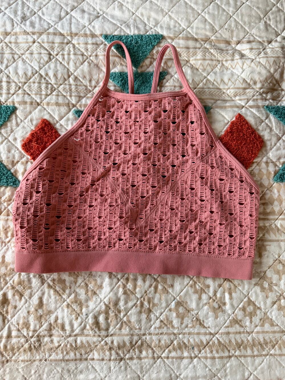 Pink Distressed Open Knit Bralette Crop Top Strappy Seamless Festival Cami - S